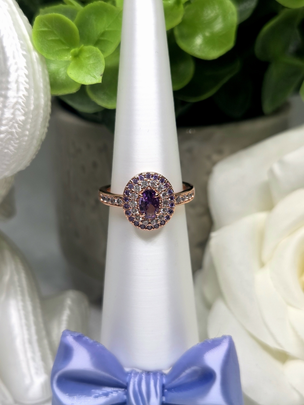 BP Oval Amethyst CZ and Halo On Rose Gold Setting
